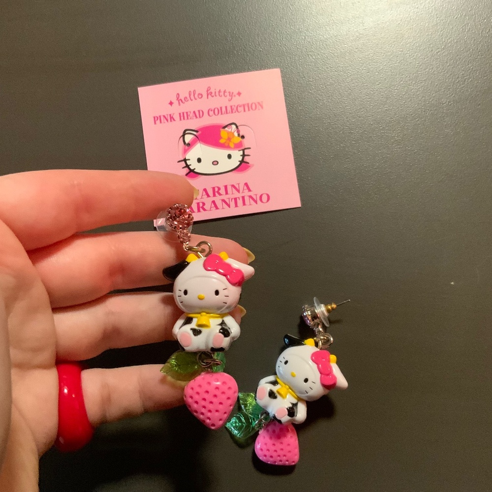 hello kitty pink head cow strawberry earrings